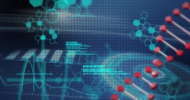 Mavi arka planda DNA iplikçikleri ve bilimsel veri işleme görüntüsü. küresel bağlantılar, veri işleme ve dijital arayüz konsepti dijital olarak oluşturulmuş resim.