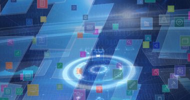 Kapsam taraması ve ızgara üzerinde simgeler. küresel bağlantılar, veri işleme ve dijital arayüz konsepti dijital olarak oluşturulmuş resim.