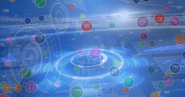 Tarama alanlarının ve ızgaranın üzerindeki simgelerin resmi. küresel bağlantılar, veri işleme ve dijital arayüz konsepti dijital olarak oluşturulmuş resim.