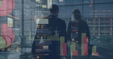 İş adamlarının istatistiksel işlemleri. küresel iş, veri işleme ve dijital arayüz kavramı dijital olarak oluşturulmuş görüntü.