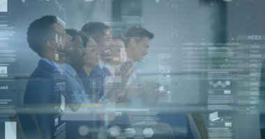 İş adamları üzerinde istatistiksel işlem. küresel iş, veri işleme ve dijital arayüz kavramı dijital olarak oluşturulmuş görüntü.