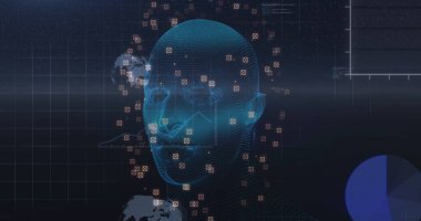 Dijital ekranda insan kafası ve veri işleme görüntüsü. küresel bağlantılar, veri işleme ve dijital arayüz konsepti dijital olarak oluşturulmuş resim.