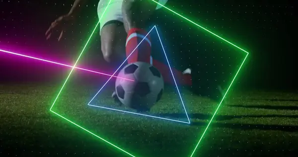 Image Neon Scanner Processing Data Football Player Kicking Ball Sport — Stock Photo, Image