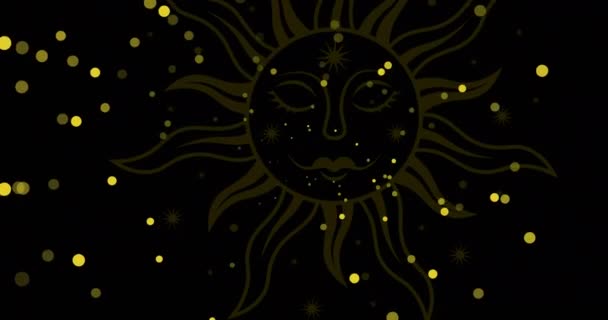 在黑色背景上的金色的太阳面和黄色的亮点的动画 Energy Nature Solar Power Heat Celebration Digital Generated Video — 图库视频影像