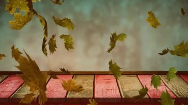 Animatie Van Bladeren Waait Houten Tafelblad Mistige Bomen Seizoen Herfst — Stockvideo