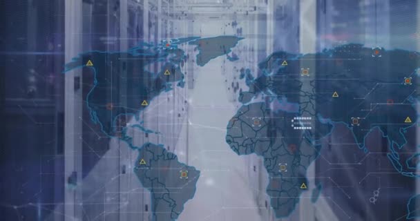 Animação Mapa Mundo Processamento Dados Sobre Servidores Computador Conceito Global — Vídeo de Stock