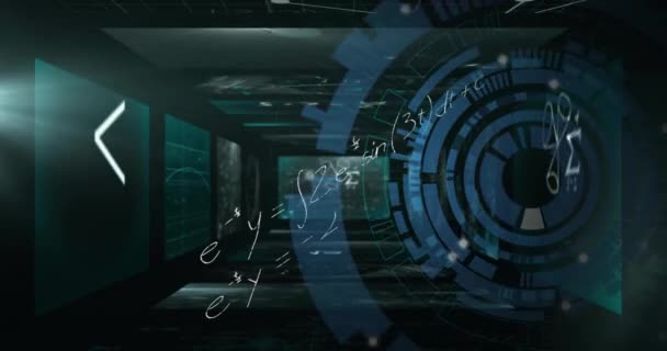 Анимация Математических Уравнений Кругового Сканера Поверх Интерфейсных Экранов Темном Фоне — стоковое видео