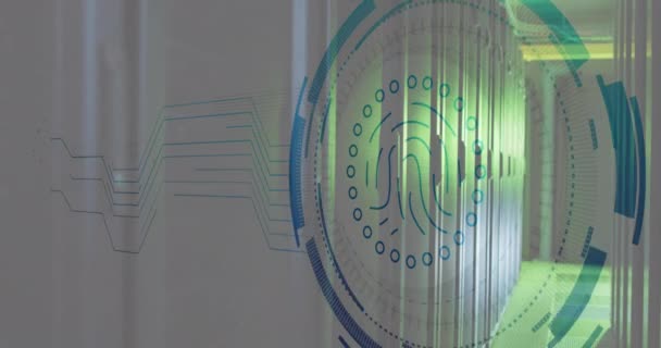 Animación Huellas Dactilares Biométricas Procesamiento Datos Digitales Través Servidores Informáticos — Vídeo de stock