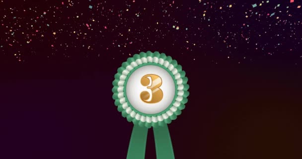 Animation Green White Rosette Number Falling Confetti Black Background Third — Stock Video