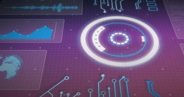 Animación Escáner Circular Luz Gráficos Procesando Datos Sobre Fondo Púrpura — Vídeos de Stock