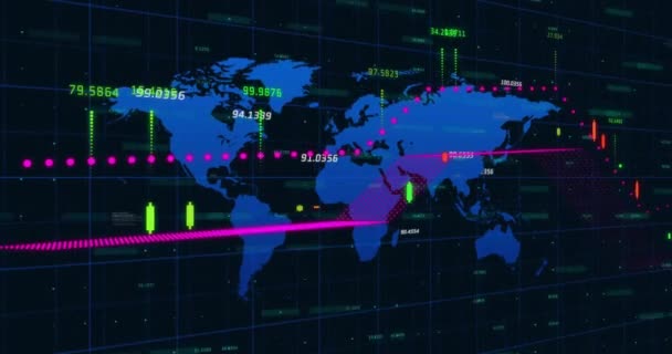 Animacja Sieci Cyfrowe Przetwarzanie Danych Mapie Świata Koncepcja Globalnych Połączeń — Wideo stockowe
