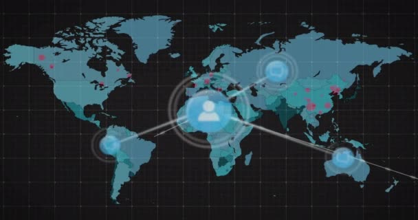 Animazione Della Rete Connessioni Con Icone Sulla Mappa Del Mondo — Video Stock
