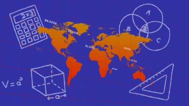 ブルーバックグラウンドの数学データ処理と世界地図のアニメーション グローバル教育 コンピューティング データ処理コンセプトデジタル生成ビデオ — ストック動画