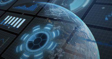 Dünya gezegeniyle mavi şebekeyi tarayan dürbün görüntüleri. küresel bağlantılar, veri işleme ve dijital arayüz konsepti dijital olarak oluşturulmuş resim.