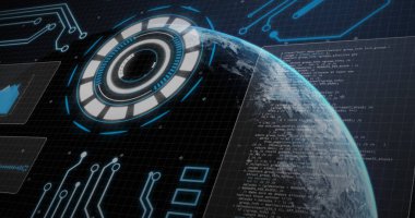 Dünya gezegeniyle mavi şebekeyi tarayan dürbün görüntüleri. küresel bağlantılar, veri işleme ve dijital arayüz konsepti dijital olarak oluşturulmuş resim.