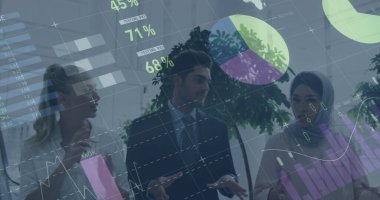 Konferanstaki iş adamlarının istatistiksel işlemleri. küresel iş, veri işleme ve dijital arayüz kavramı dijital olarak oluşturulmuş görüntü.