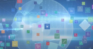 Dijital ekranda simgelerin resmi. küresel bağlantılar, veri işleme ve dijital arayüz konsepti dijital olarak oluşturulmuş resim.