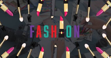 Moda metni ve moda ofisindeki eşyalar. moda ve aksesuarlar arka plan desen kavramı dijital olarak oluşturulmuş görüntü.