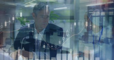 İş adamının istatistiksel görüntüsü. küresel iş, veri işleme ve dijital arayüz kavramı dijital olarak oluşturulmuş görüntü.