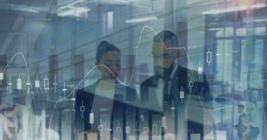 İş adamlarının istatistiksel işlemleri. küresel iş, veri işleme ve dijital arayüz kavramı dijital olarak oluşturulmuş görüntü.