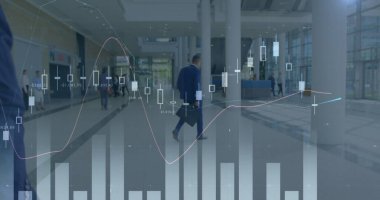 Şehirde iş adamı yürüyüşlerinin istatistiksel görüntüsü. küresel iş, veri işleme ve dijital arayüz kavramı dijital olarak oluşturulmuş görüntü.