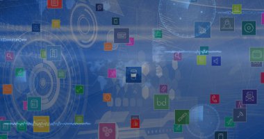 Tarama alanlarının ve ızgaranın üzerindeki simgelerin resmi. küresel bağlantılar, veri işleme ve dijital arayüz konsepti dijital olarak oluşturulmuş resim.