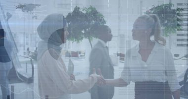 İş kadınları üzerinde istatistiksel işlem. küresel iş, veri işleme ve dijital arayüz kavramı dijital olarak oluşturulmuş görüntü.