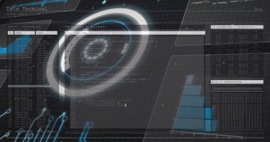 Izgara üzerinde tarama yapan dürbün görüntüsü. küresel bağlantılar, veri işleme ve dijital arayüz konsepti dijital olarak oluşturulmuş resim.