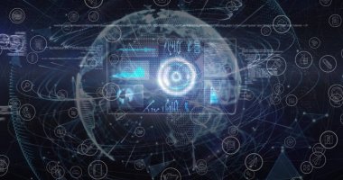 Dijital gezegen dünyayı tarayan dürbünlerin görüntüsü. küresel bağlantılar, veri işleme ve dijital arayüz konsepti dijital olarak oluşturulmuş resim.