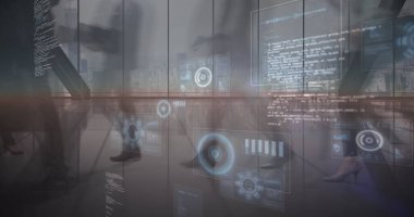 Yoğun ofis üzerinde tarama yapan dürbün görüntüleri. küresel bağlantılar, veri işleme ve dijital arayüz kavramı