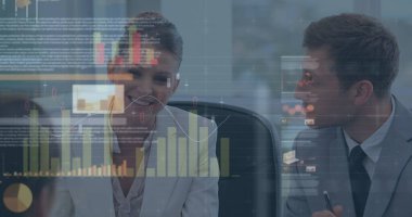 İş adamlarının istatistiksel işlemleri. küresel iş, veri işleme ve dijital arayüz kavramı dijital olarak oluşturulmuş görüntü.