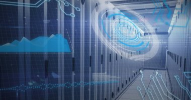 Bilgisayar sunucularını tarayan dürbün görüntüleri. küresel bağlantılar, veri işleme ve dijital arayüz konsepti dijital olarak oluşturulmuş resim.