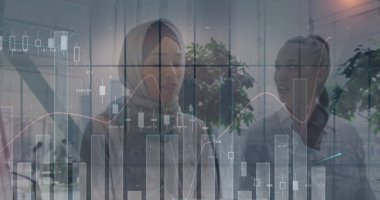 İş kadınları üzerinde istatistiksel işlem. küresel iş, veri işleme ve dijital arayüz kavramı dijital olarak oluşturulmuş görüntü.