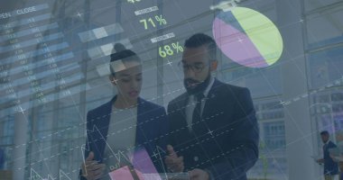 İş adamlarının istatistiksel işlemleri. küresel iş, veri işleme ve dijital arayüz kavramı dijital olarak oluşturulmuş görüntü.