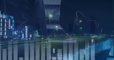 Şehir manzarası üzerindeki istatistiklerin resmi. küresel iş, veri işleme ve dijital arayüz kavramı dijital olarak oluşturulmuş görüntü.