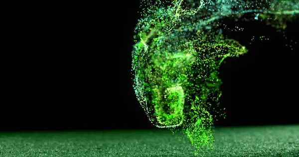Image Glowing Green Particles Moving Rugby Ball Pitch Sport Competition — Stock Photo, Image