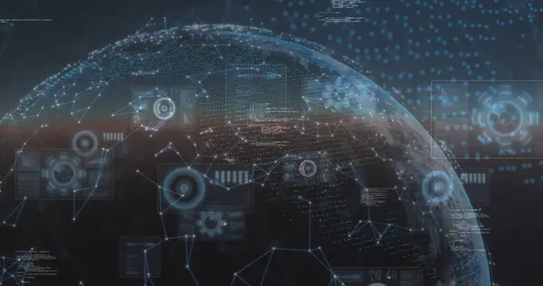 Dürbün taraması, veri işleme ve dijital dünya üzerindeki bağlantı ağı. küresel bağlantılar, veri işleme ve dijital arayüz konsepti dijital olarak oluşturulmuş resim.