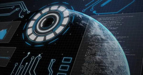 Dünya gezegeniyle mavi şebekeyi tarayan dürbün görüntüleri. küresel bağlantılar, veri işleme ve dijital arayüz konsepti dijital olarak oluşturulmuş resim.