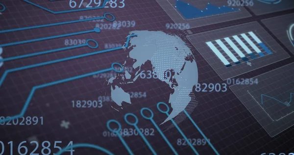 Veri işleme ve dijital gezegen Dünya 'nın ızgara üzerindeki görüntüsü. küresel bağlantılar, veri işleme ve dijital arayüz konsepti dijital olarak oluşturulmuş resim.