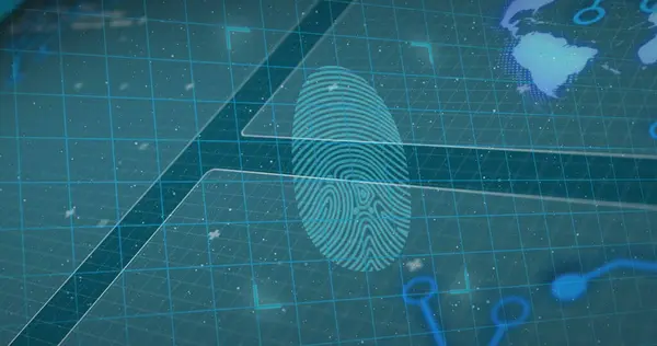 Image of fingerprint scan on a screen, cyber security check. global connections, online security, data processing and digital interface concept digitally generated image.