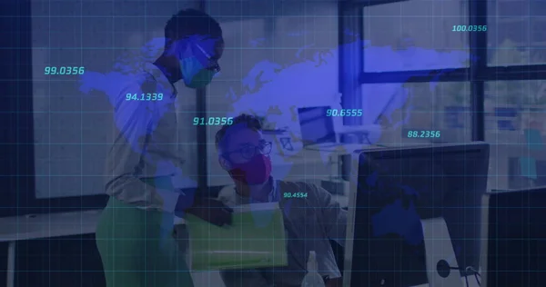 Image of financial data processing over diverse business people with face masks talking. global business and digital interface during covid 19 pandemic concept digitally generated image.