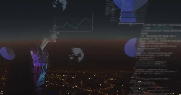 Afbeelding Van Gegevensverwerking Nachtelijke Stad Mondiale Verbindingen Gegevensverwerking Digitaal Interface — Stockfoto