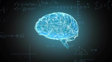 İnsan beyni üzerinde matematiksel veri işleme animasyonu. Küresel bilim, bilgi, bağlantılar, hesaplama ve veri işleme kavramı dijital olarak oluşturulmuş video.