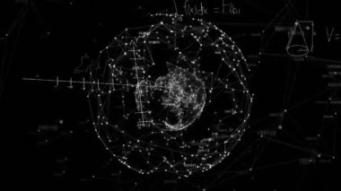 Matematiksel veri işlemenin dünya üzerindeki animasyonu. Küresel bilim, bilgi, bağlantılar, hesaplama ve veri işleme kavramı dijital olarak oluşturulmuş video.