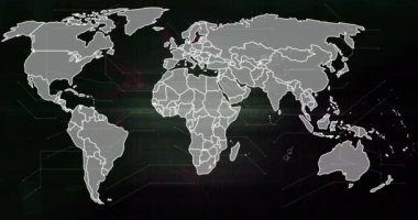 Siyah arkaplan üzerinde devre kartı ve dünya haritası animasyonu. Dijital olarak oluşturulmuş küresel bağlantılar, hesaplama ve veri işleme kavramı.