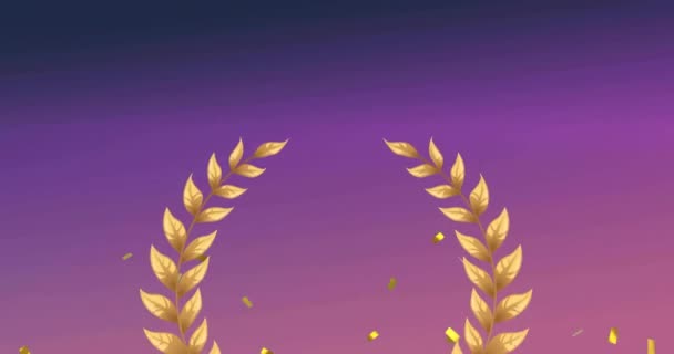 Animation Gold Victory Laurel Confetti Purple Background Sports Competition Success — Stock Video