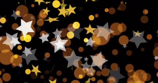 Animacja Złotych Białych Gwiazd Żółte Pomarańczowe Plamy Światła Czarnym Tle — Wideo stockowe