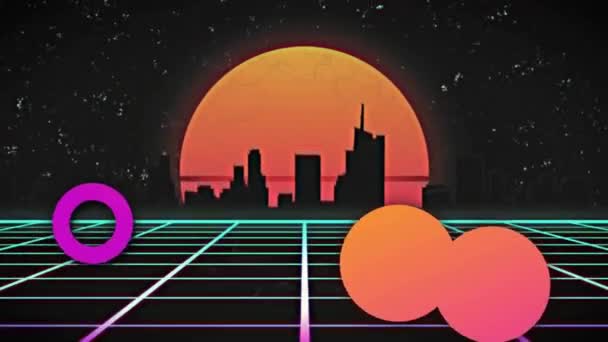 メタバースの背景に日没の上の円のアニメーション デジタル生成されたビデオの色 動きコンセプト — ストック動画
