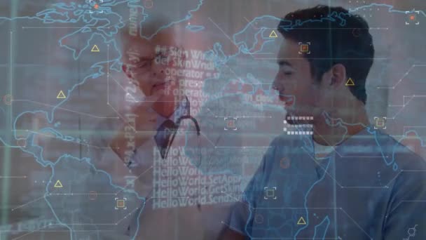 Animation Der Datenverarbeitung Über Verschiedene Ärzte Globale Medizin Verbindungen Computer — Stockvideo