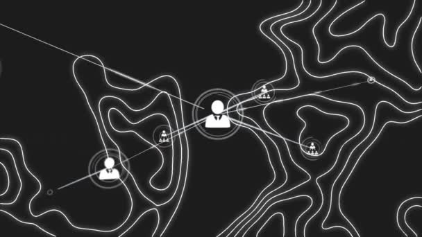 Siyah Arkaplan Üzerindeki Simgeler Beyaz Çizgilerle Bağlantı Ağının Animasyonu Küresel — Stok video